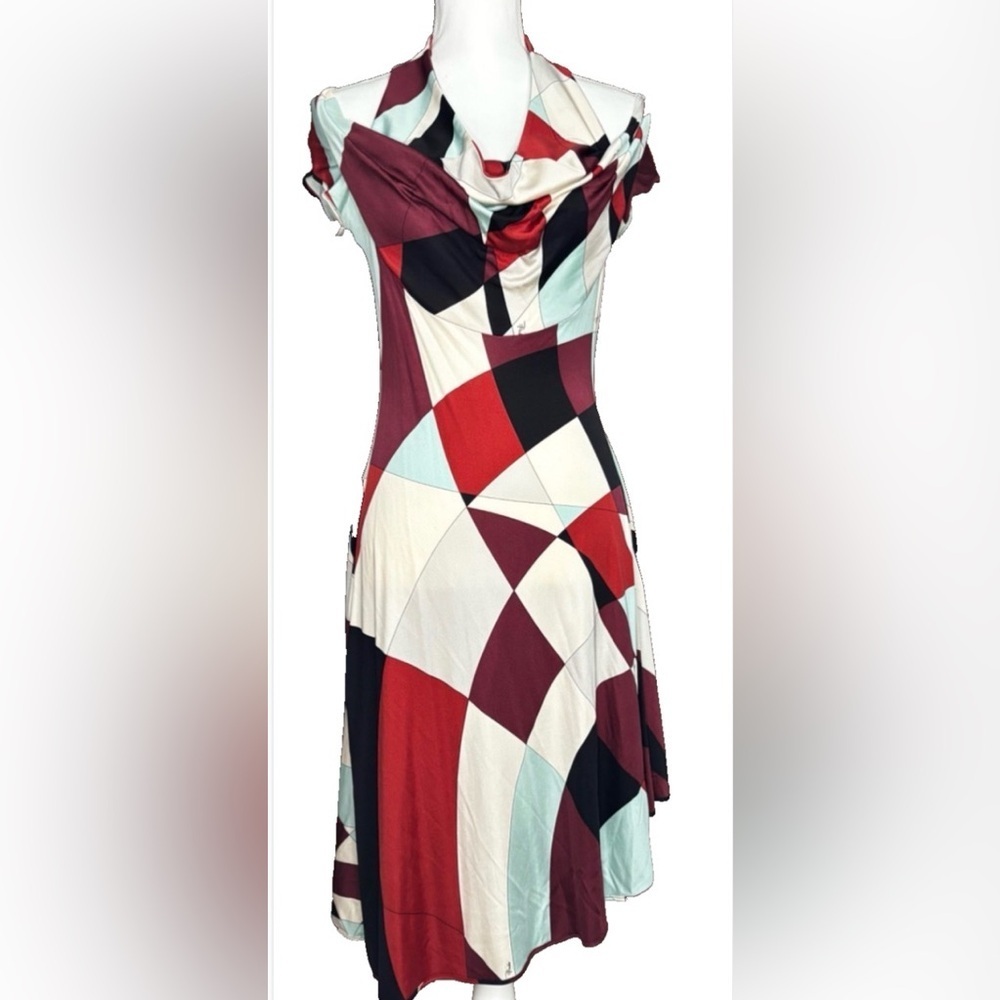 Emilio Pucci Vintage Silk Jersey Cowl Neck Dress Geometric Print Italy 8